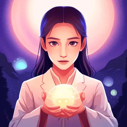 Mystical woman holding a glowing crystal ball under moonlight